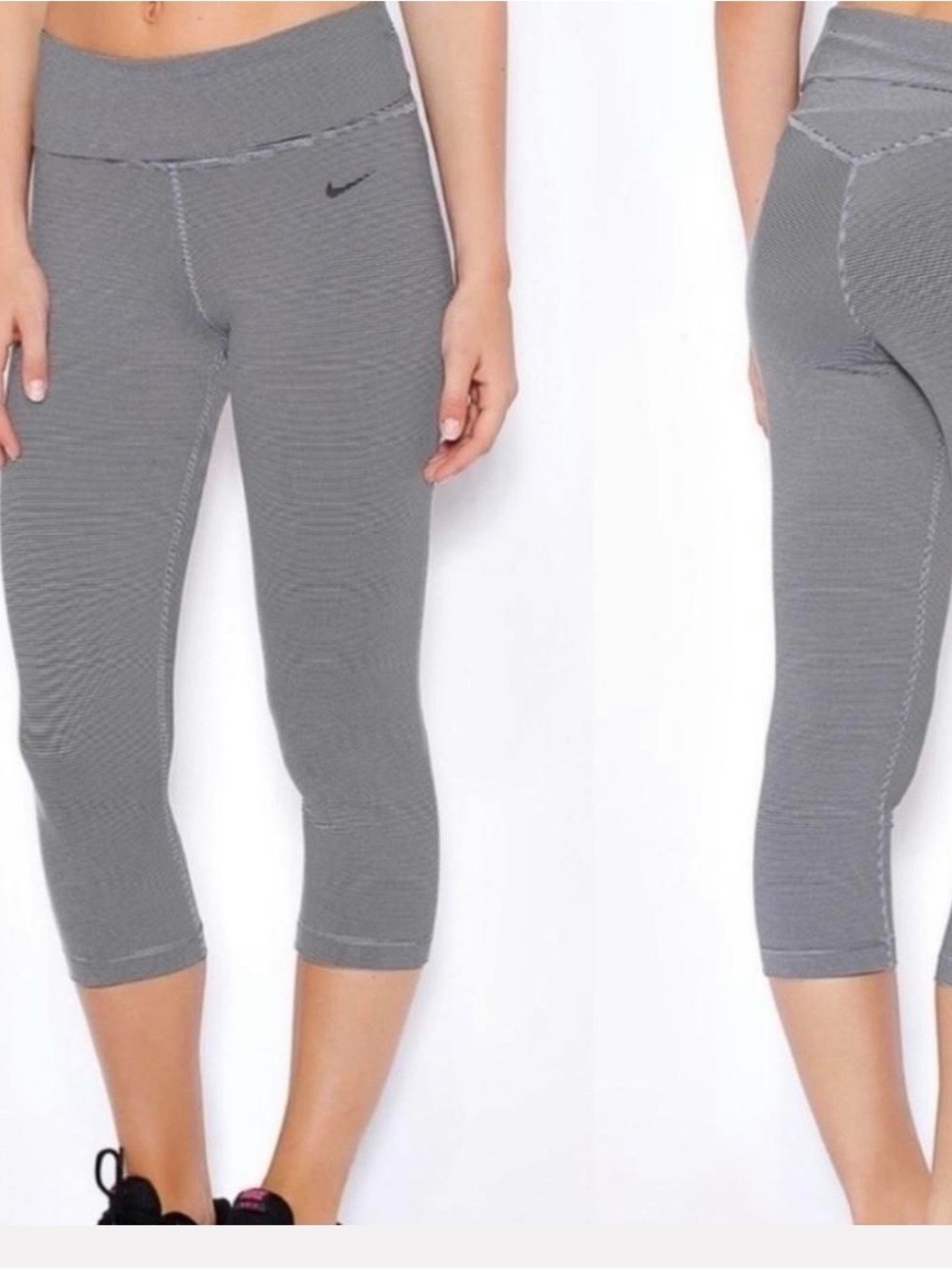 Nike Dri-Fit Women BlackW/Gray/White Small Stripes Fold Over Cropped Leggings